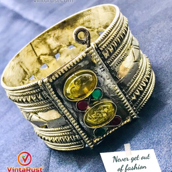 single Vintage Kuchi Cuff Bracelet With Yellow Glass Stones, Gypsy Cuff Bracelet - Picture 4 of 12
